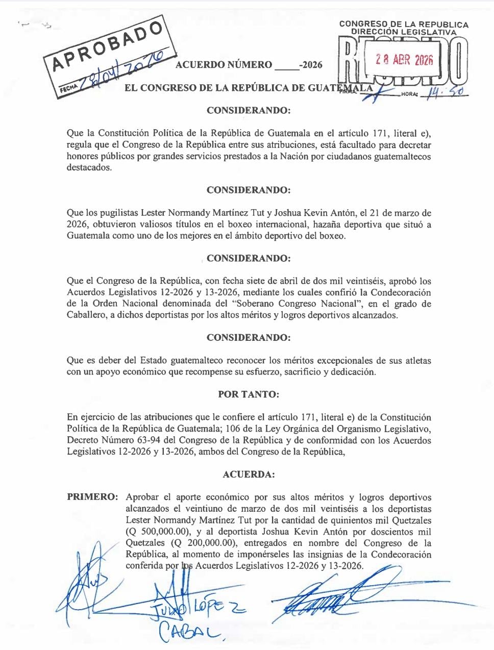 El acuerdo del Congreso utiliza el artículo 171 de la Constitución para otorgar honores públicos y beneficios económicos a deportistas nacionales destacados. (Cortesía: Organismo Legislativo)
