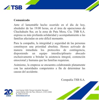 La empresa TSB S.A. activó protocolos internos de asistencia y expresó sus condolencias por el trágico incidente en Chachahuén Sur