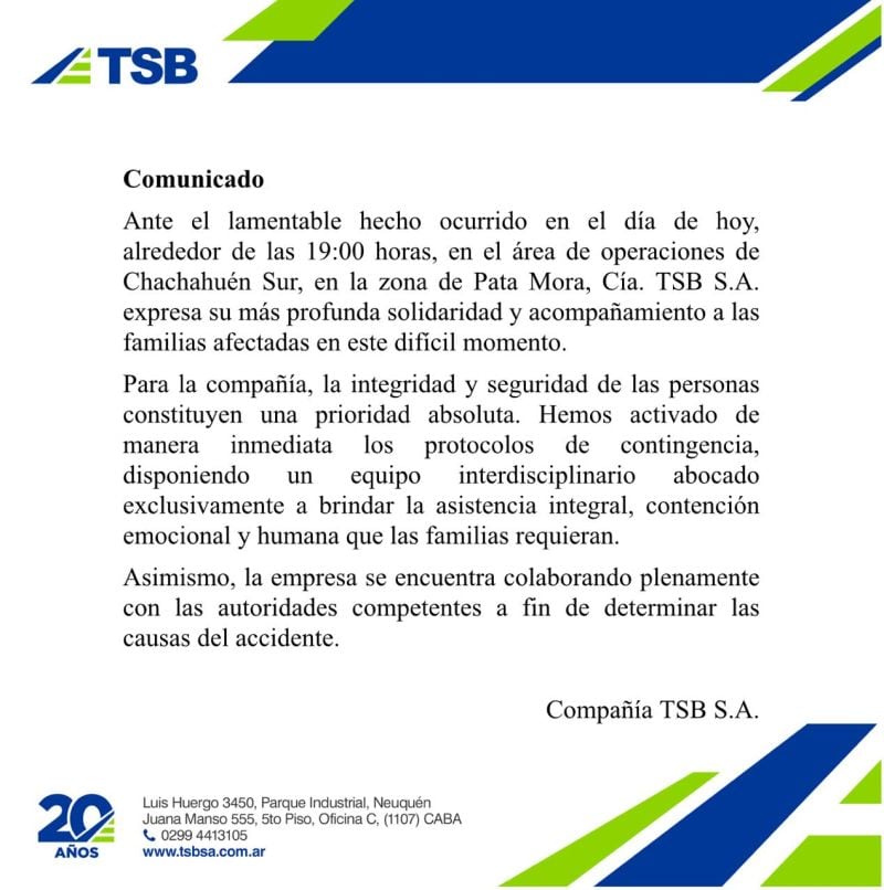 La empresa TSB S.A. activó protocolos internos de asistencia y expresó sus condolencias por el trágico incidente en Chachahuén Sur