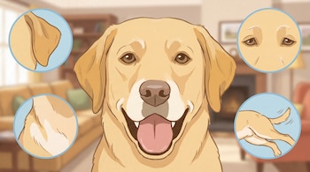 Ilustración detallada de un perro Labrador color crema sonriendo, con círculos que resaltan su oreja, ojos, pata y una cola moviéndose, en un living borroso.