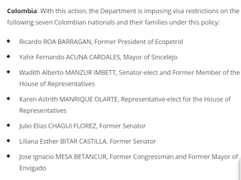 Estados Unidos impuso restricciones de visa a siete ciudadanos colombianos y sus familiares, entre ellos Ricardo Roa, expresidente de Ecopetrol; Wadith Manzur, senador electo, y Karen Manrique, representante electa a la Cámara, como parte de su política contra la corrupción y el narcotráfico en la región - crédito Departamento de Estado de Estados Unidos