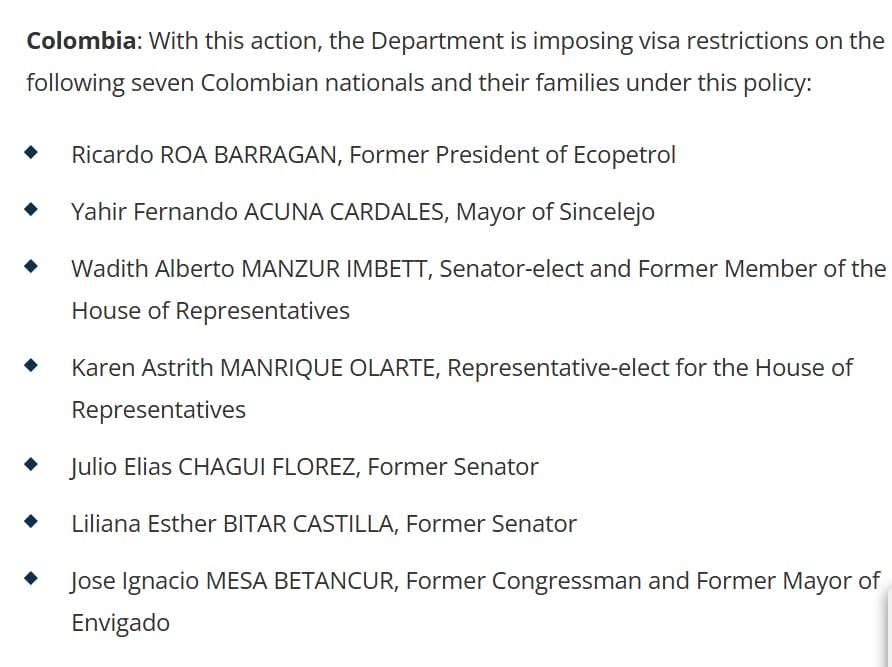 Estados Unidos impuso restricciones de visa a siete ciudadanos colombianos y sus familiares, entre ellos Ricardo Roa, expresidente de Ecopetrol; Wadith Manzur, senador electo, y Karen Manrique, representante electa a la Cámara, como parte de su política contra la corrupción y el narcotráfico en la región - crédito Departamento de Estado de Estados Unidos