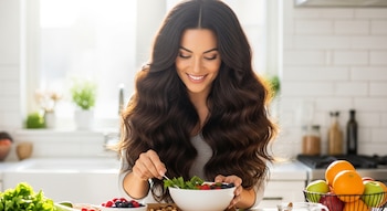 Mujer joven sonriente con cabello largo y ondulado oscuro, mezclando una ensalada en un tazón blanco en una cocina luminosa con frutas.