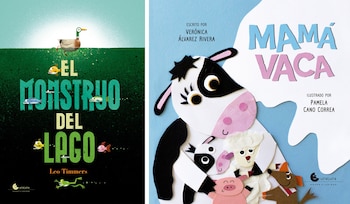 Dos portadas de libros infantiles. 'El Monstruo del Lago' con pato y peces en lago verde. 'Mamá Vaca' con vaca y animales de granja en estilo collage