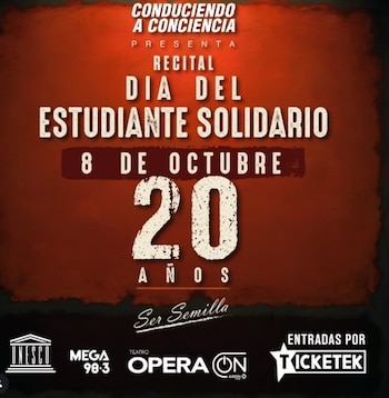 Afiche promocional con texto sobre el Recital Día del Estudiante Solidario del 8 de octubre y logotipos en la parte inferior