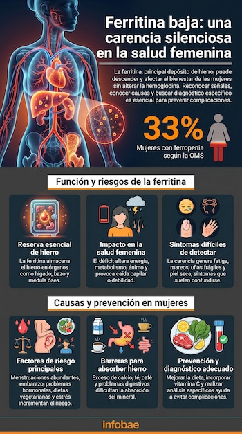 Infografía médica sobre la deficiencia de ferritina en mujeres, mostrando anatomía femenina, iconos de síntomas, factores de riesgo y consejos nutricionales.