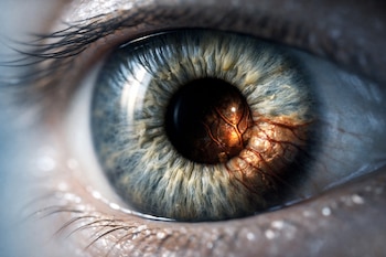 Primer plano de un ojo humano con iris azul verdoso, pupila oscura y una zona marrón rojiza con vasos sanguíneos en la parte inferior del iris.
