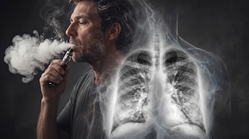 Hombre barbudo exhalando vapor de un cigarrillo electrónico. Se superpone una radiografía de tórax con pulmones que muestran daños y opacidades.