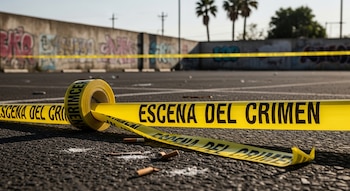 Cinta amarilla con texto "ESCENA DEL CRIMEN", rollo de la misma cinta en asfalto, colillas de cigarrillos, muro con grafitis, dos palmeras.
