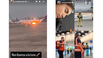 Capturas de pantalla que presentan un avión en pista con fuego en un ala, un bombero, una mujer y personal con chalecos reflectantes