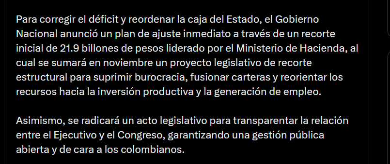 El Gobierno anunció además que en los próximos días presentará un acto legislativo para modificar la relación entre el Ejecutivo y el Congreso - crédito @infopresidencia/X