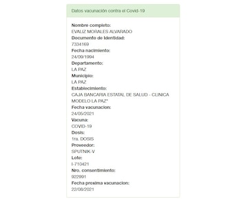 Ficha de vacunación de Evaliz