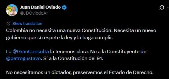 La búsqueda de apoyo para la convocatoria de una Asamblea Nacional Constituyente enfrenta el rechazo de los aspirantes, quienes advierten sobre los riesgos institucionales que implica modificar la carta magna vigente - crédito captura de pantalla / X