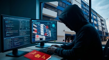 Persona encapuchada tecleando frente a dos monitores; en las pantallas, código y una oficina de Migraciones con alertas rojas. Un pasaporte peruano sobre el escritorio.