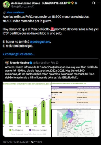 Angélica Lozano alertó que el reclutamiento de menores continúa pese a compromisos con grupos armados - crédito @AngelicaLozanoC/X