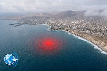 Vista aérea de la costa de Ilo con un círculo rojo concéntrico sobre el mar y un logotipo azul en la esquina inferior izquierda.