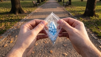 Dos manos sostienen una pequeña bolsa de plástico transparente abierta que contiene varias pastillas azules en un camino de un parque