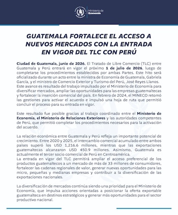 Captura de pantalla de un documento oficial digital del Ministerio de Economía de Guatemala, detallando la entrada en vigor del TLC con Perú