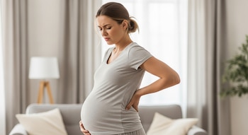 Una mujer embarazada, vista de perfil, se toca la espalda baja con la mano derecha mientras hace una mueca de dolor en un ambiente doméstico.