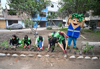Cinco personas con chalecos verdes plantan plántulas en un terreno junto a un personaje disfrazado y casas al fondo