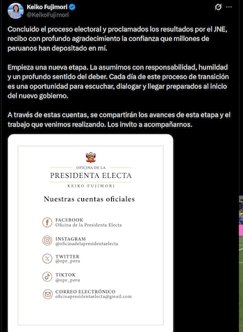 El post de Keiko Fujimori en X.