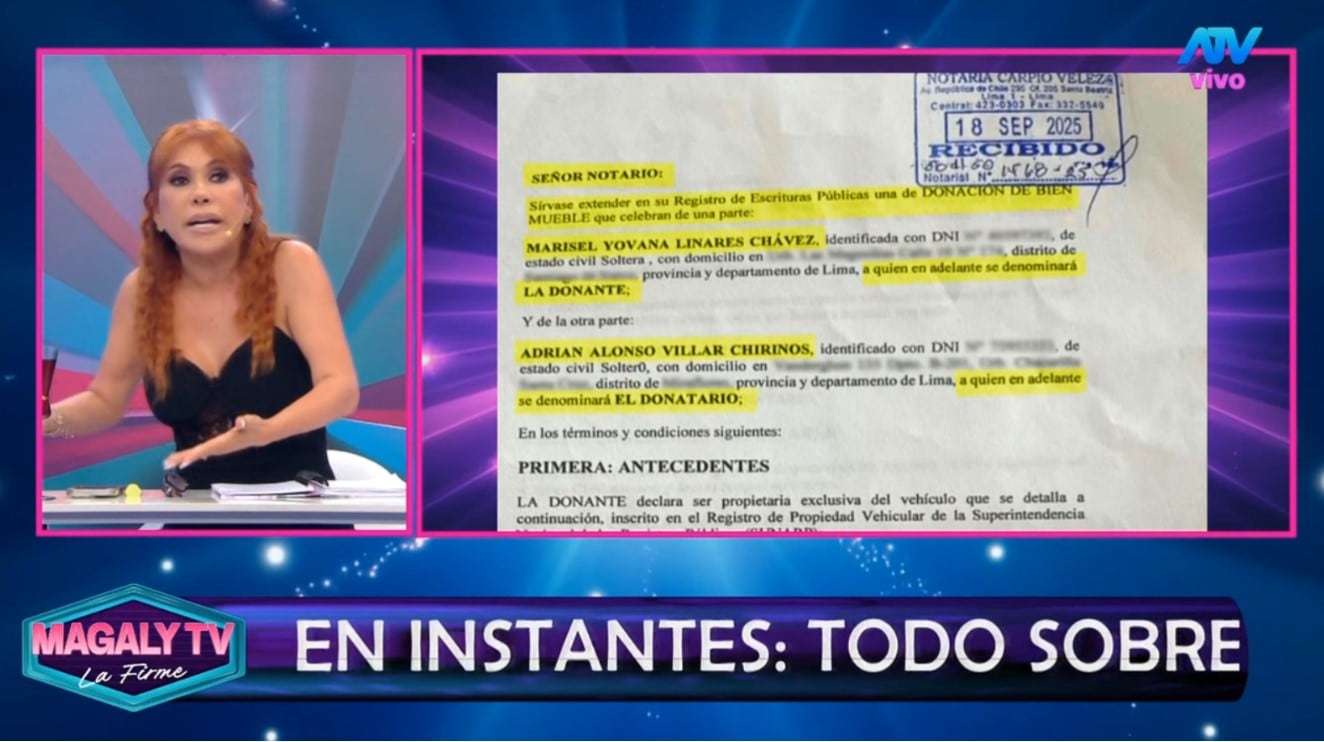 Magaly Medina desarma defensa del abogado de Marisel Linares sobre donación de vehículo a Adrián Villar. Captura: Magaly TV La Firme.