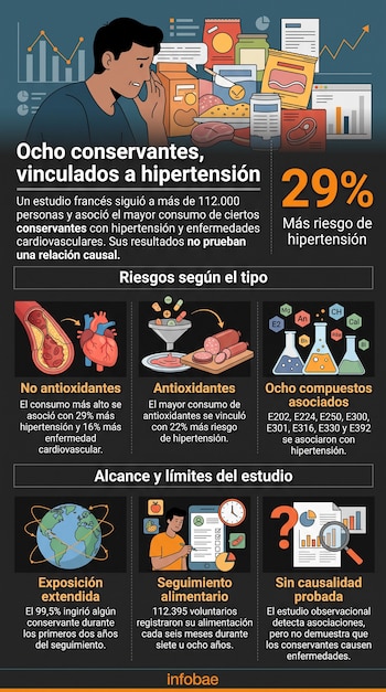 Infografía con un hombre junto a alimentos procesados, esquemas del corazón, frascos de laboratorio, un mapa y bloques de texto informativo.