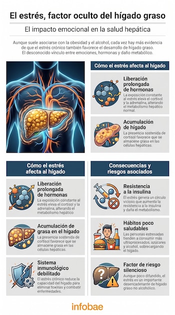 Infografía médica que ilustra un cuerpo humano con el hígado resaltado, acompañado de paneles explicativos sobre cómo el estrés afecta la salud hepática.