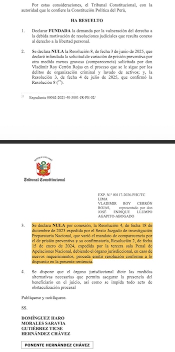 Documento legal con texto impreso, escudo nacional del Perú, logotipo del Tribunal Constitucional y nombres de jueces firmantes