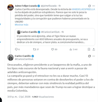 El exdirector de la Ungrd Carlos Carrillo llamó "lavaperros de la mafia" al presidente electo Abelardo de la Espriella - crédito @CarlosCarrilloA/X