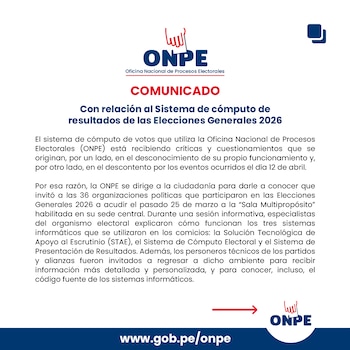 Documento digital con el comunicado de la ONPE sobre el sistema de cómputo electoral, con el logo de la institución y su dirección web