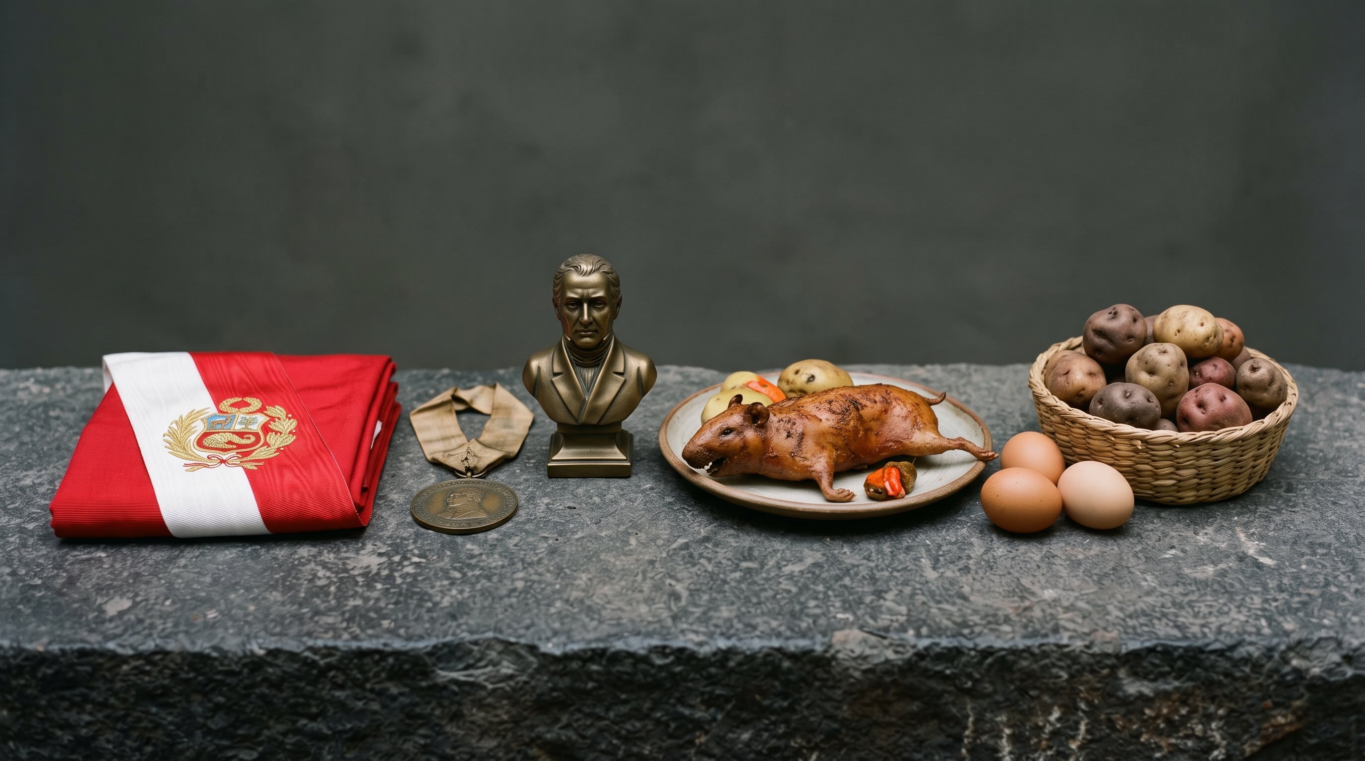 Una banda presidencial peruana, una medalla y un busto de bronce figuran junto a un plato de cuy cocido, huevos y papas andinas. (Imagen Ilustrativa Infobae)