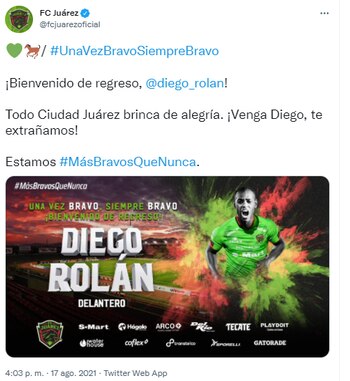 Diego Roldán (Foto: Twitter/@fcjuarezoficial)