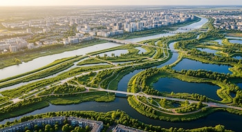 Vista aérea de una ciudad moderna con edificios, un río ancho y múltiples canales serpenteantes entre humedales verdes, conectados por puentes y caminos bajo luz suave.