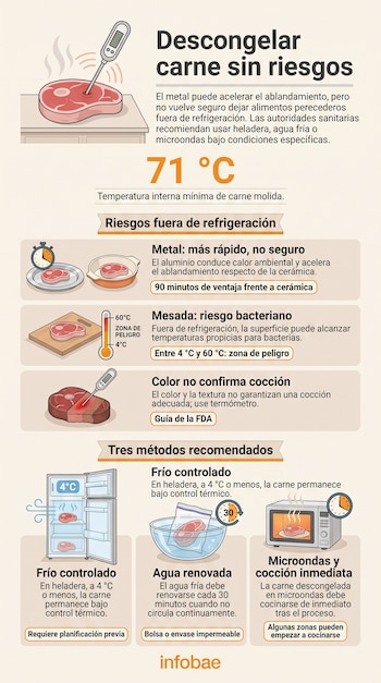 Infografía explicativa con ilustraciones de cortes de carne, un termómetro, una heladera, un cuenco con agua y un horno de microondas.