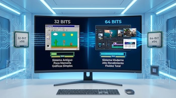 Ilustración de monitor comparando sistemas 32 bits (juego retro, poca RAM) y 64 bits (editor de video, juego moderno, RAM llena), con chips CPU y circuitos. Ambiente futurista azul.