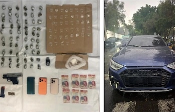 Las diversas drogas que les fueron decomisadas así como un arma y un auto Foto: SSC CDMX