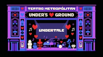 Ilustración pixelada del Teatro Metropólitan con fachada violeta y azul. El escenario muestra un piano, batería, siluetas de personajes de UNDERTALE y el logo.
