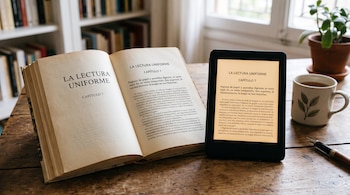 Libro impreso abierto y lector electrónico sobre una mesa de madera junto a una taza, una pluma estilográfica y una planta.