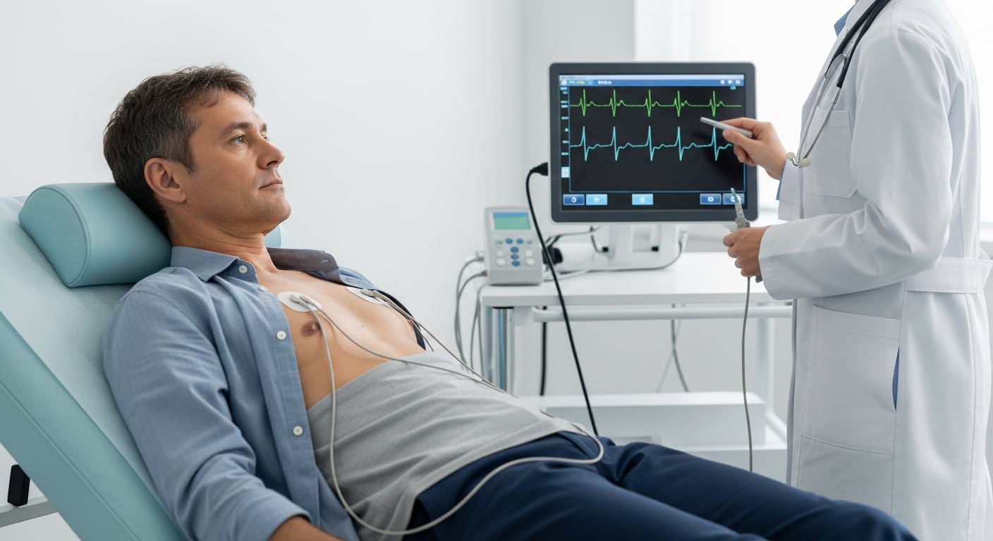 Un hombre adulto, acostado en una camilla, es monitoreado por un profesional de la salud durante la realización de un electrocardiograma en un consultorio moderno. En la pantalla se observan los resultados de la actividad cardíaca en tiempo real, reflejando la importancia del cuidado preventivo del corazón. (Imagen Ilustrativa Infobae)
