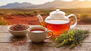 Un cuenco con hojas secas de rooibos, una taza de té, una tetera de cristal y una rama de rooibos con flores en una mesa de madera con paisaje desértico y montañas.