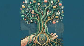 Ilustración de árbol estilizado con tronco de mano, logo de UNAM en raíces, ramas con archivos, moléculas, datos, gráficos e íconos de estudiantes y científicos.