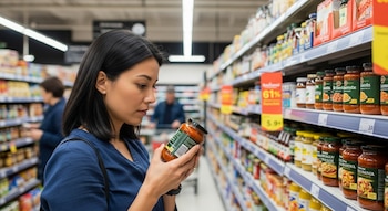 Una mujer con blusa azul sostiene y lee la etiqueta de un frasco de salsa en el pasillo de un supermercado, con estantes llenos de productos.