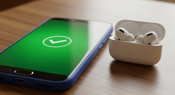 Un celular Android azul con pantalla verde y un icono de check blanco está sobre una mesa de madera, junto a un estuche blanco de AirPods con auriculares.