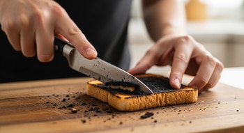 Manos de una persona usando un cuchillo para raspar la superficie carbonizada de una tostada de pan blanco sobre una tabla de madera con migas negras.