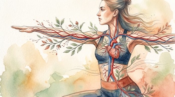 Ilustración en acuarela de una mujer en postura de yoga con el corazón, vasos sanguíneos y ramas botánicas dibujados sobre el cuerpo.