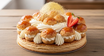 Tarta Saint Honoré redonda con base de hojaldre, coronada con profiteroles glaseados, crema batida, hilos de azúcar dorados y media fresa roja.