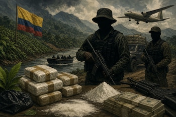 Mesa con paquetes, polvo blanco, billetes y fusil ante figuras camufladas en la selva, con la bandera de Colombia, una lancha y un avión.