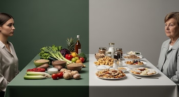 Una mesa dividida muestra alimentos frescos y una mujer joven a la izquierda, y alimentos ultraprocesados con una mujer mayor a la derecha.