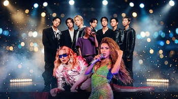 Madonna, Shakira, Justin Bieber y siete hombres del grupo BTS en un escenario oscuro con luces de concierto tipo bokeh, humo y destellos.